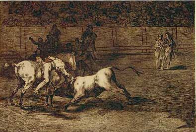 Mariano Ceballos alias "el indio" , mata al toro desde el caballo. La Tauromaquia de Goya 